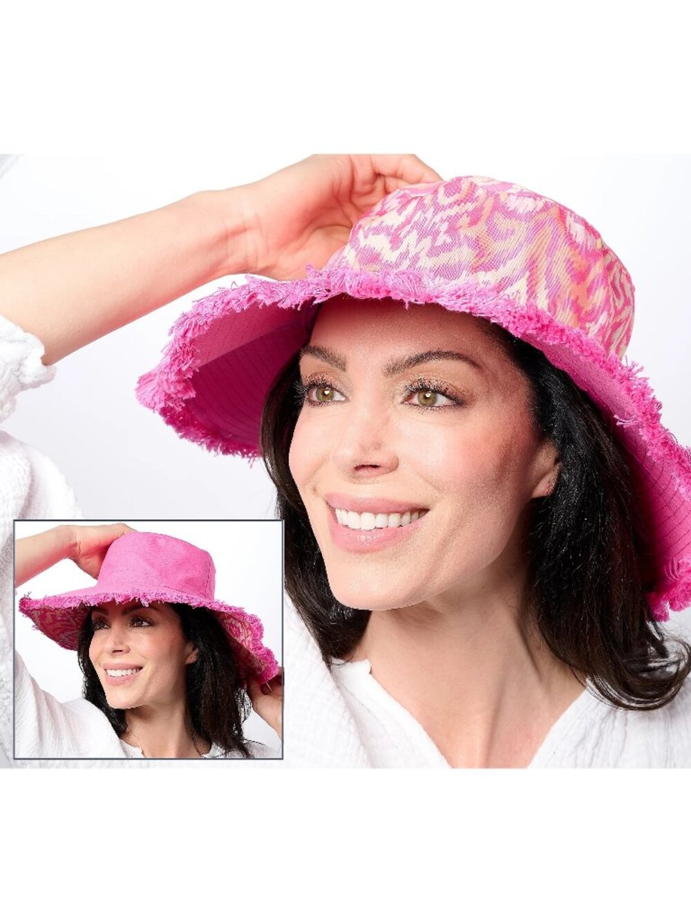 Sprigs Hat One Size Ikat Print Wide Brim Fringe Reversible UPF 50 Barbiecore NEW